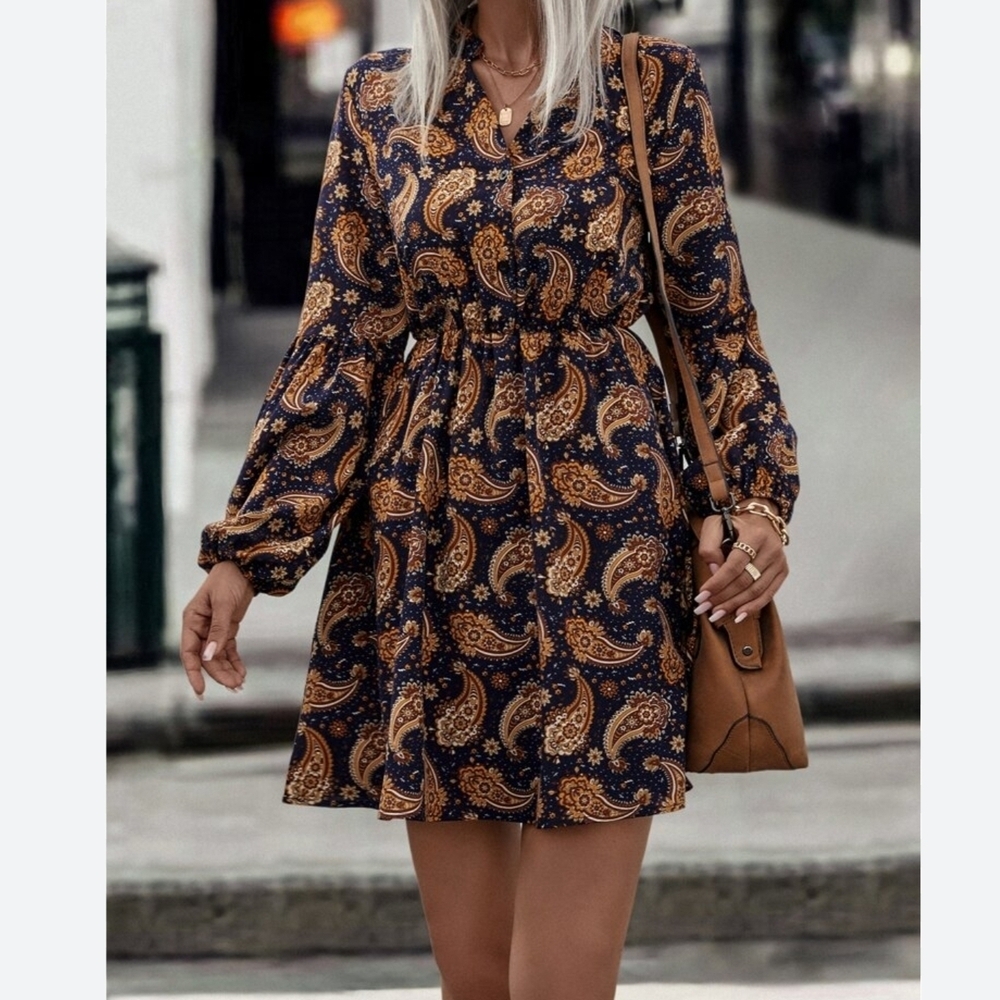 Lark + Grey Navy & Mustard Paisley Long Sleeve Mini Dress S